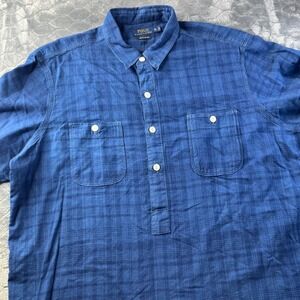 Polo Ralph Lauren Popover Shirt Mens XL Blue Indigo Oxford Plaid Short Sleeve